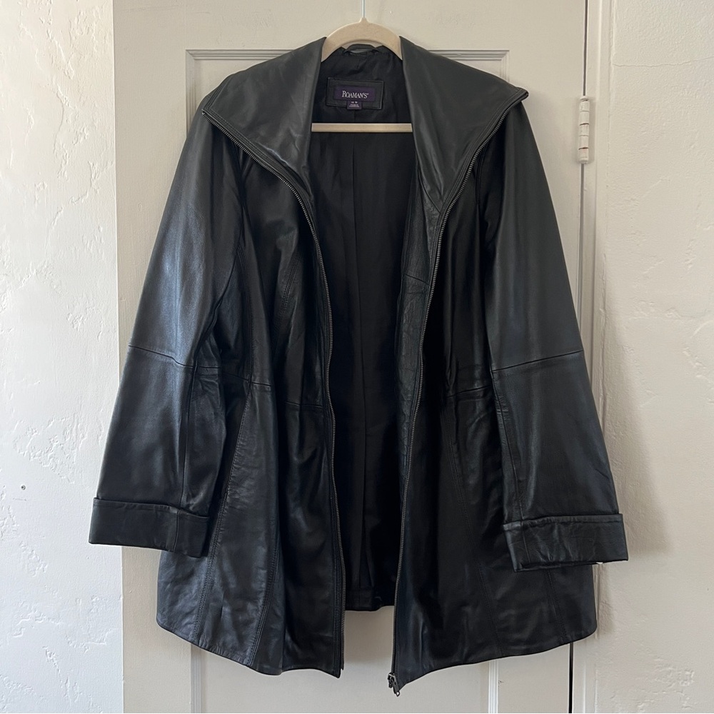 Roaman's A-Line Black Leather Jacket swing coat zip front 16 W Plus